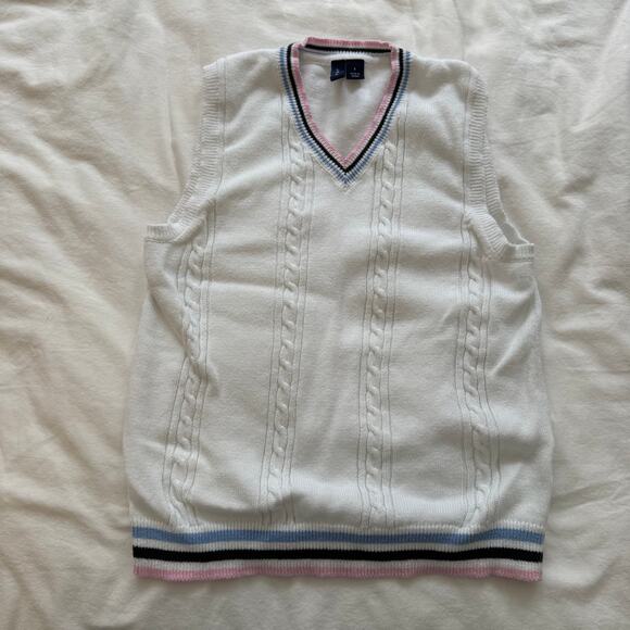 Janie and Jack Boys Cable Knit Sweater Vest White Preppy Stripe Trim Size 8 - Picture 1 of 4